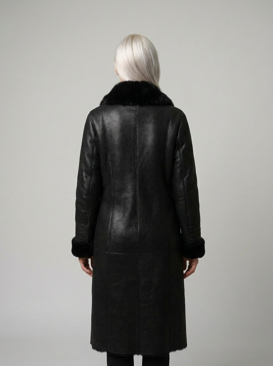 Black Shearling Coat with Fur Trim