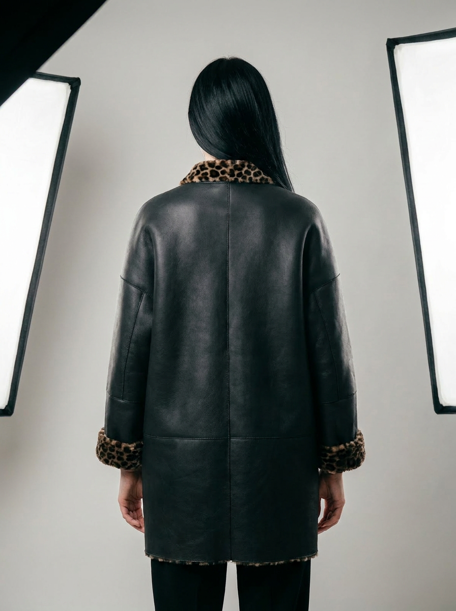 Leopard Trim Shearling Coat