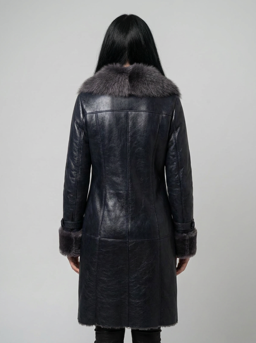 Navy Leather Shearling Coat