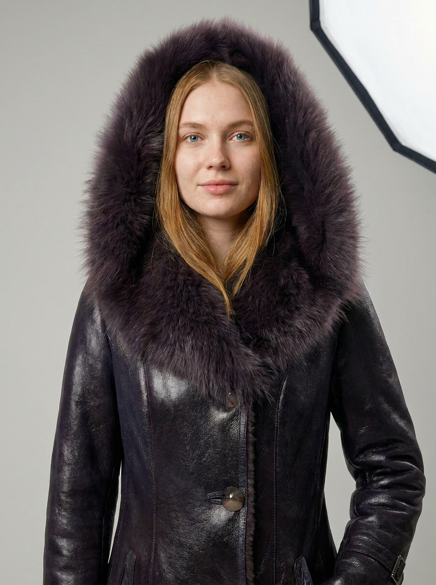 Manteau à Capuche en Peau Laineuse Prune