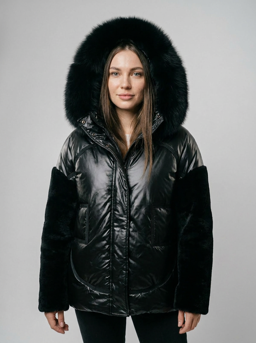 Luxury Puffer Jacket with Fox Fur and Fur Sleeves