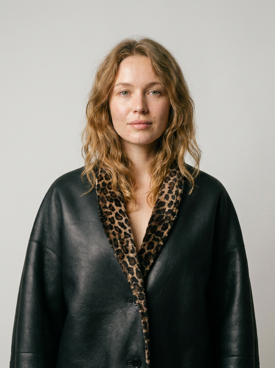 Leopard Trim Shearling Coat