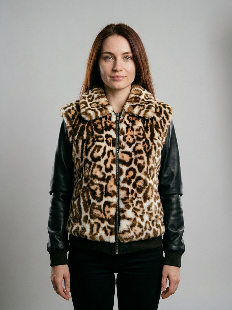 Leopard Print Shearling & Leather Bomber Jacket