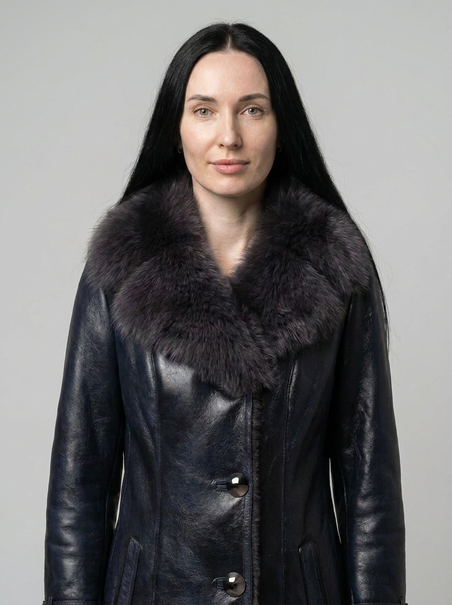 Navy Leather Shearling Coat