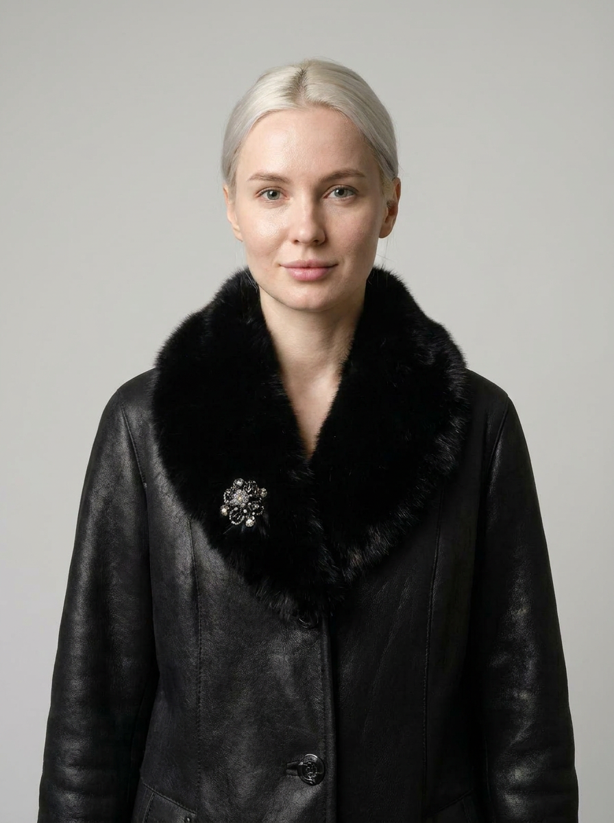 Black Shearling Coat with Fur Trim