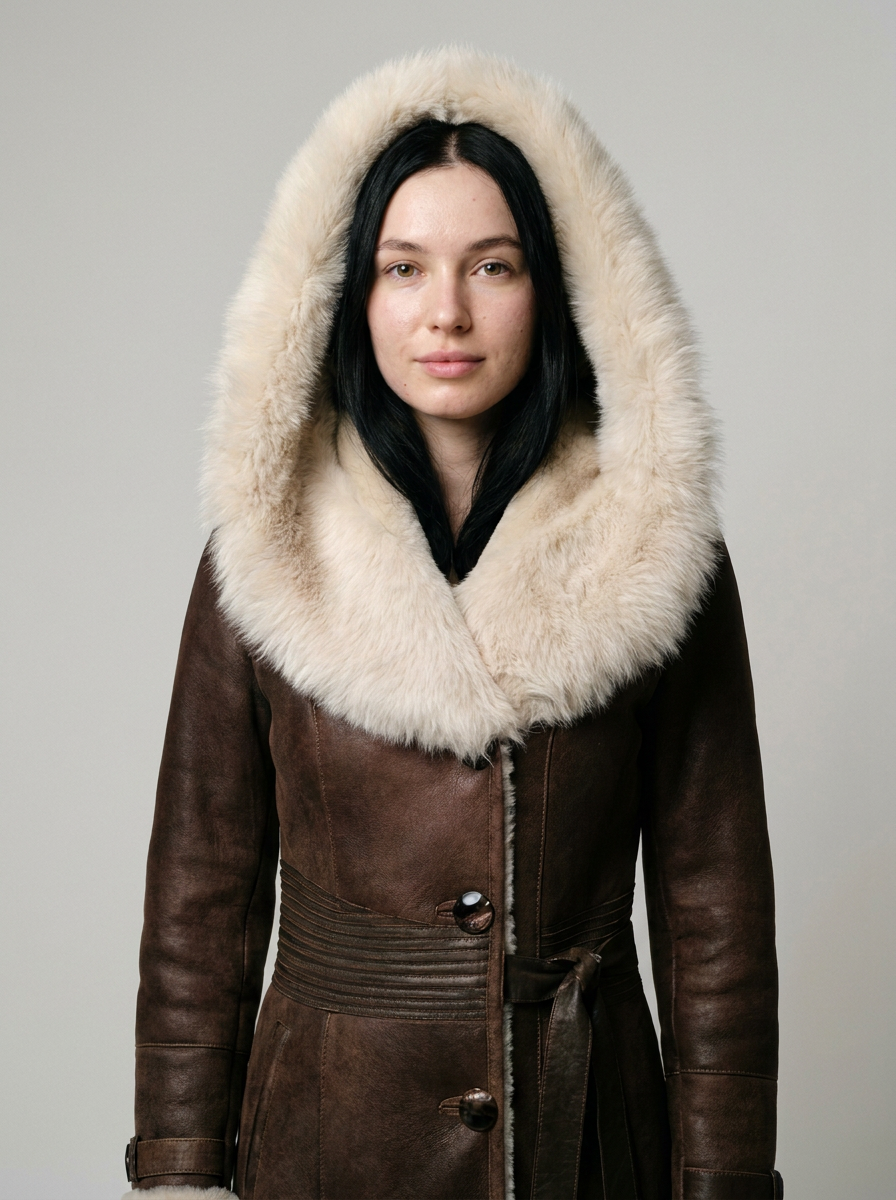 Lang Frakk med Hette i Shearling