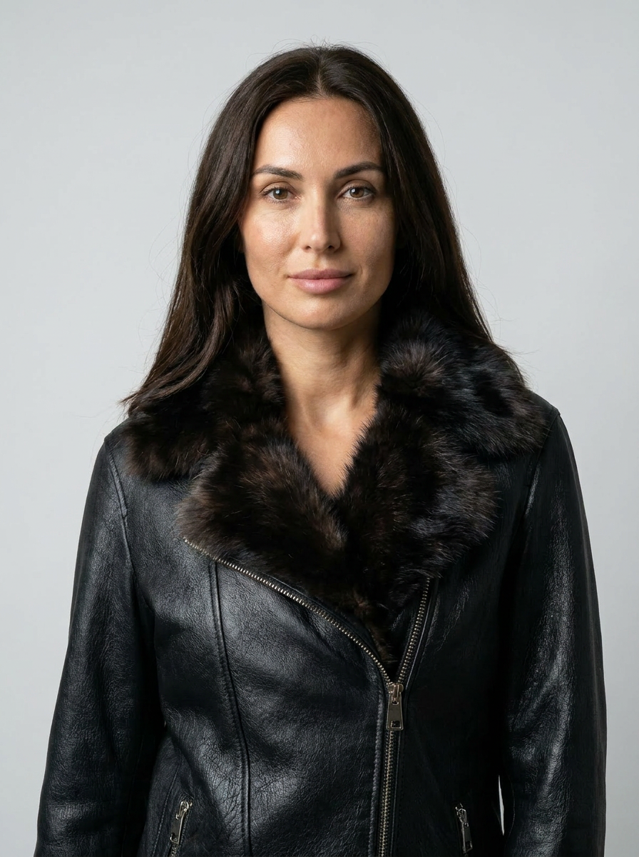 Shearling Trim Leather Biker Jacket