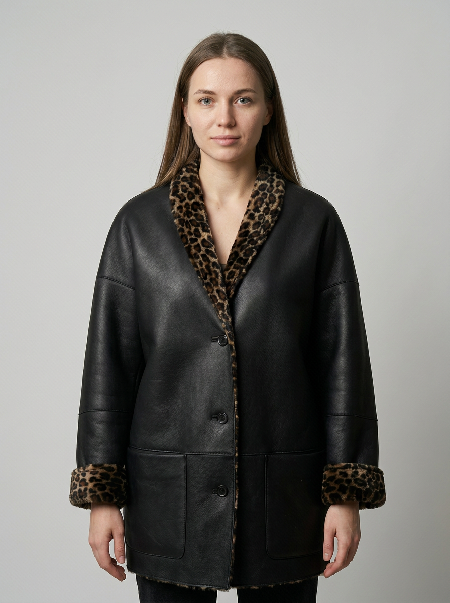 Leopard-Trim Shearling Coat