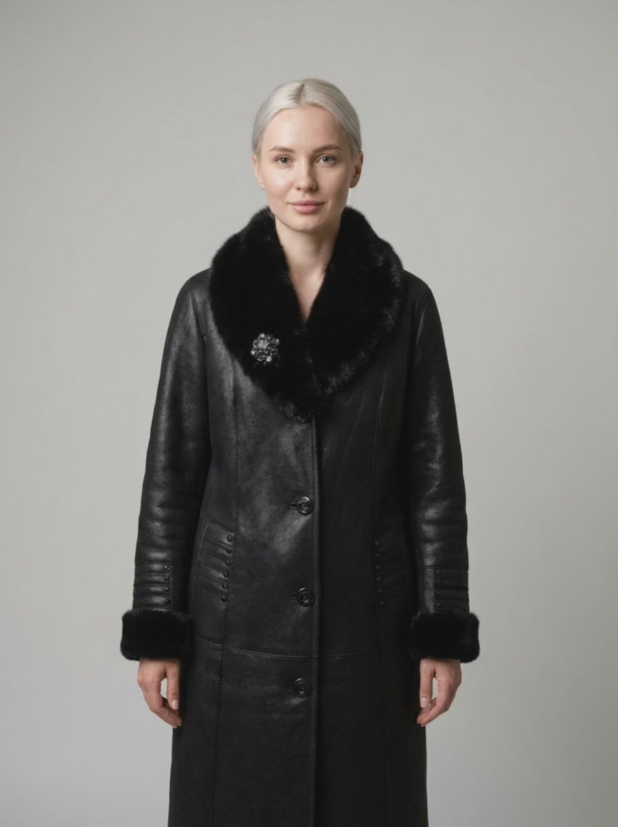 Black Shearling Coat with Fur Trim