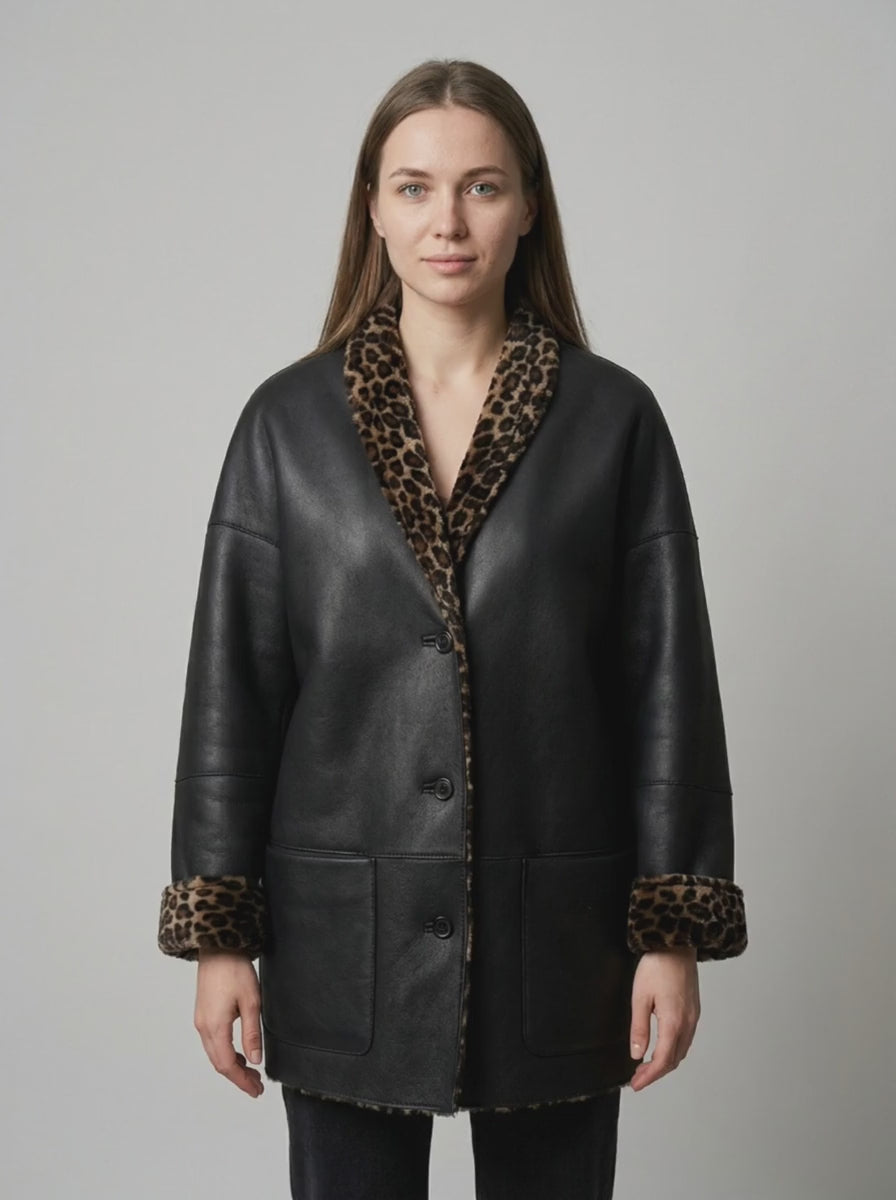 Leopard-Trim Shearling Coat