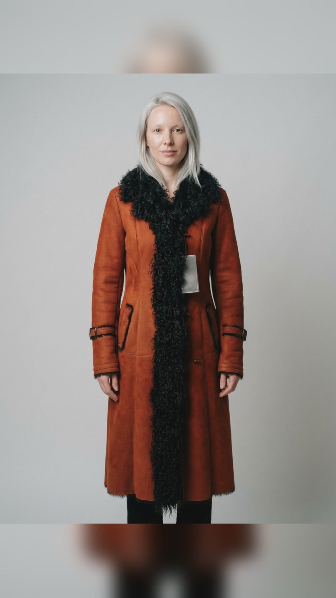 Shearling Long Coat with Curly Fur Trim