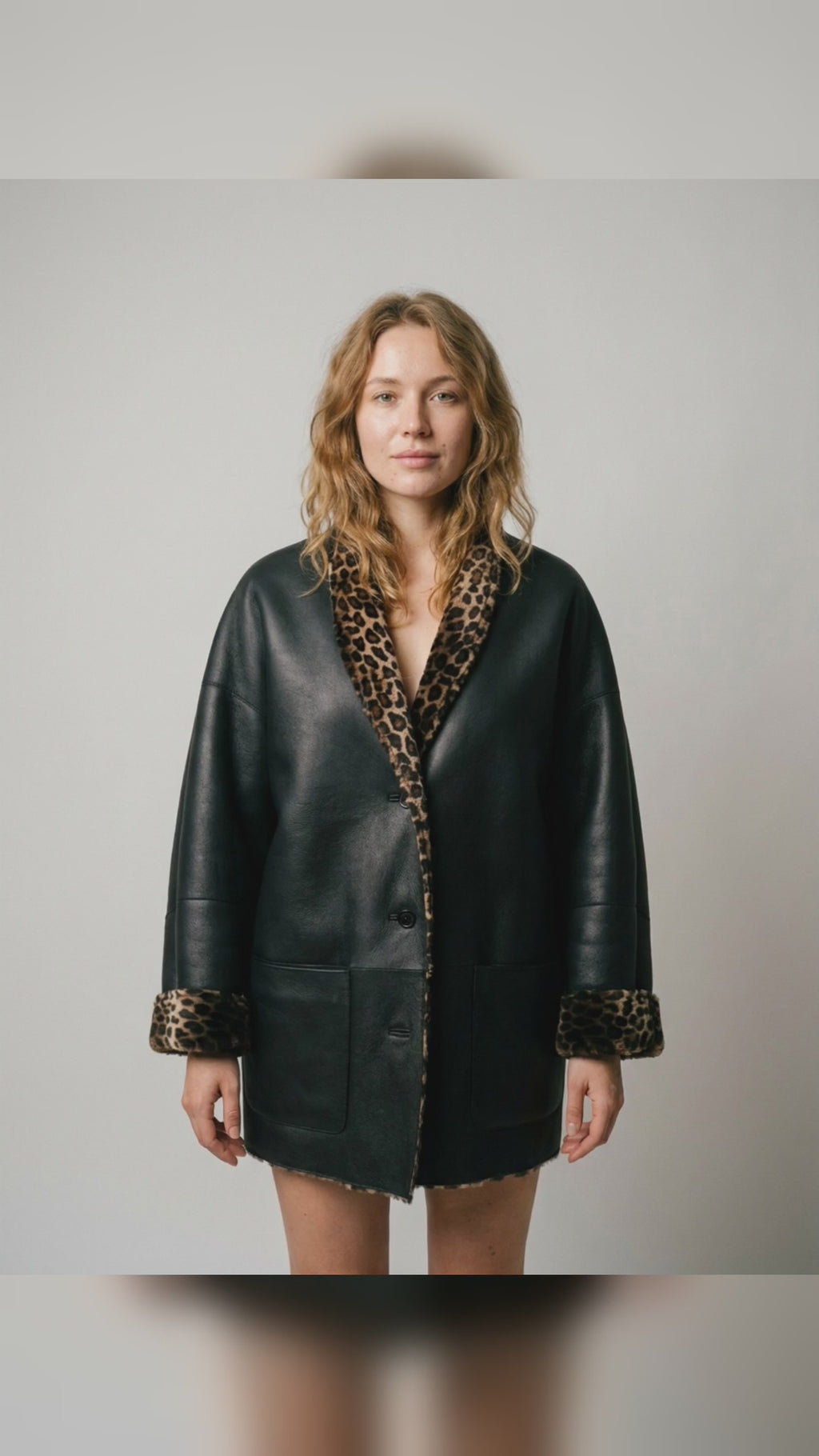 Leopard Trim Shearling Coat
