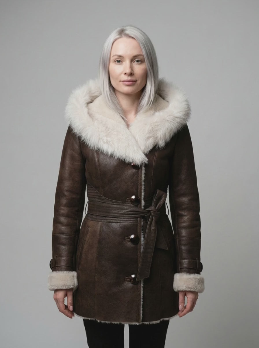 Shearling Nahkatakki Hupulla