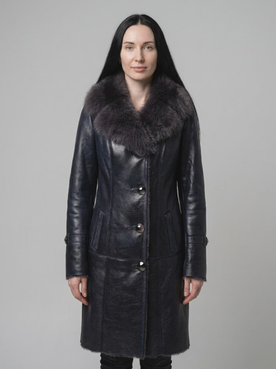 Navy Leather Shearling Coat
