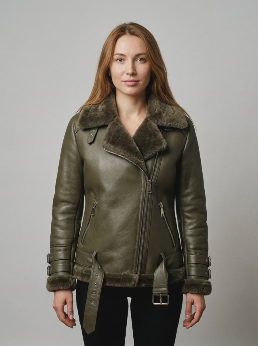 Olive Shearling Biker Jacket