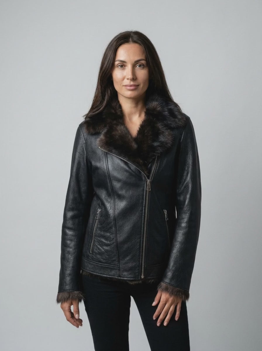 Shearling Trim Leather Biker Jacket