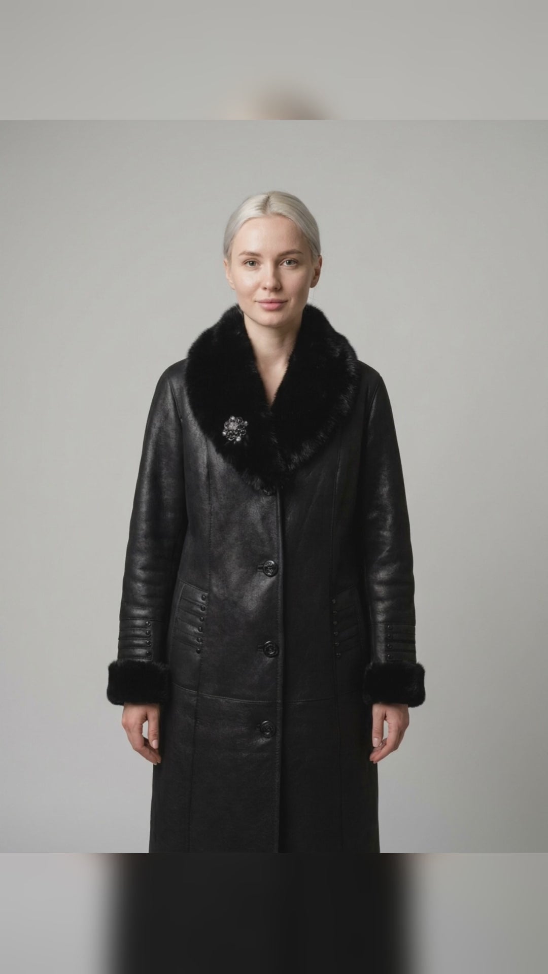 Black Shearling Coat with Fur Trim