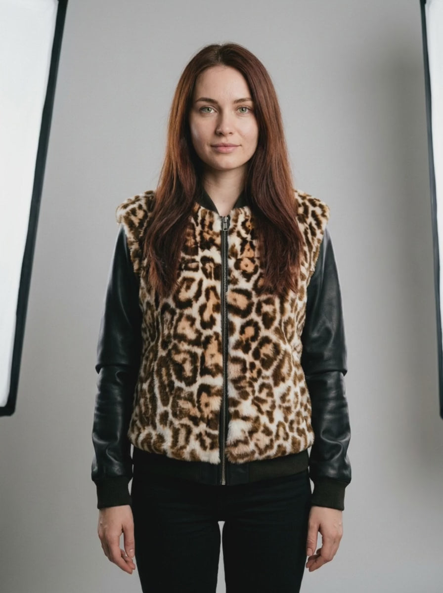 Leopard Print Shearling & Leather Bomber Jacket