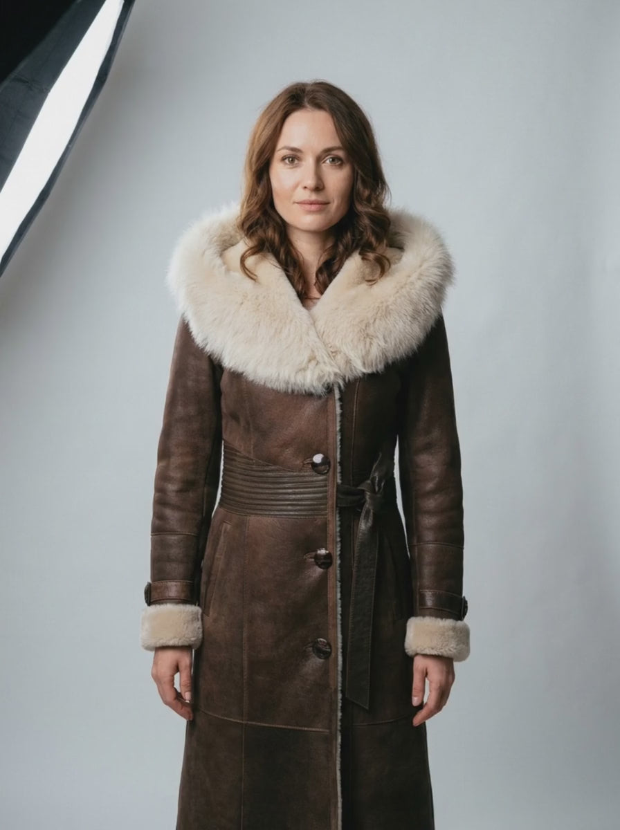 Long Shearling Coat with Hood