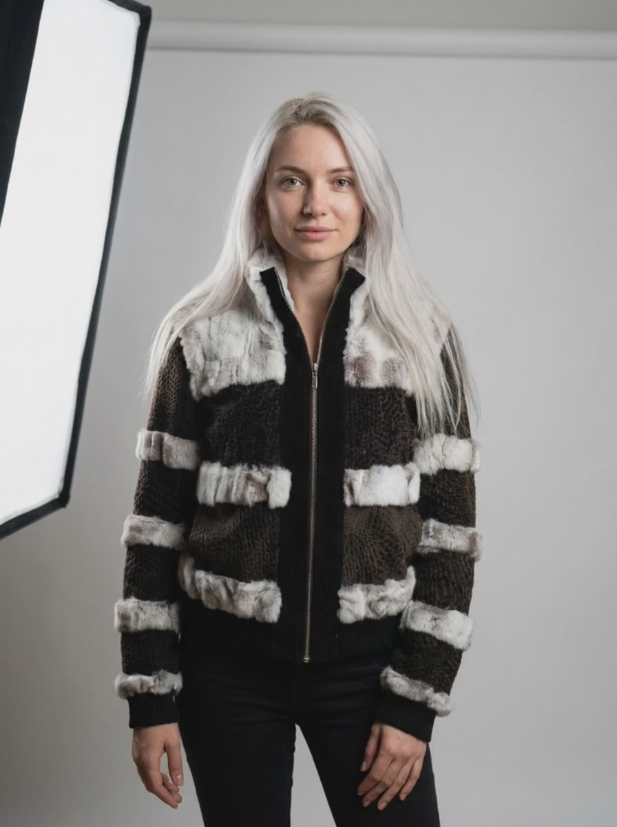 Knitted Rabbit Fur Bomber Jacket