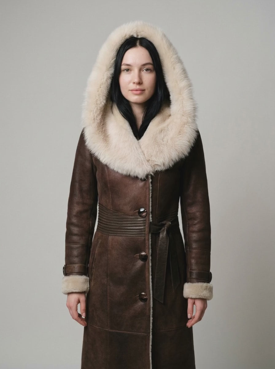 Lang Frakk med Hette i Shearling
