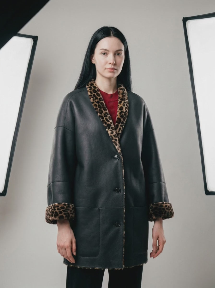 Leopard Trim Shearling Coat