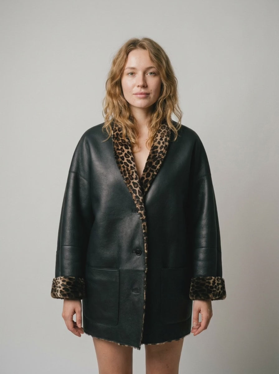 Leopard Trim Shearling Coat